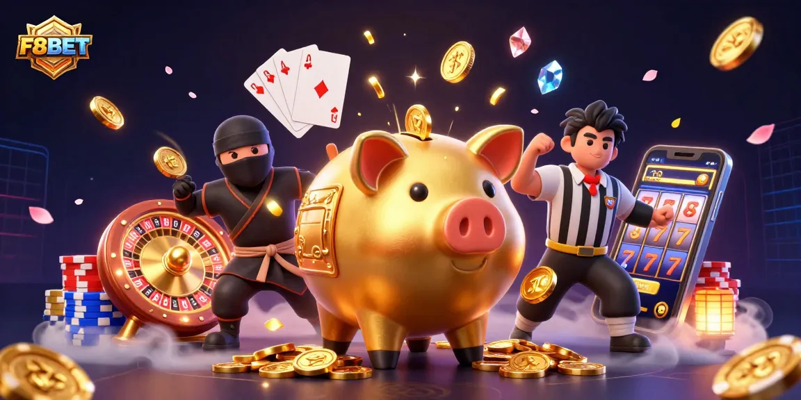 F8BET features a golden piggy bank sumo wrestler, coins cascading, and dynamic gaming elements in action.