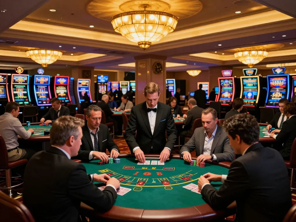 Players enjoying an intense blackjack game at 98wincom casino, surrounded by vibrant casino atmosphere.