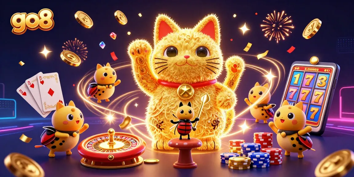 Engage with go8’s vibrant lucky cat illustration surrounded by casino symbols and coins.