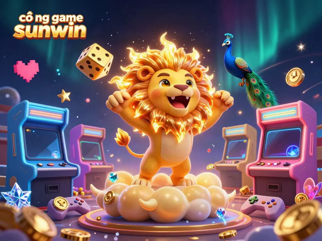 Experience the excitement at cổng game sunwin with vibrant casino elements and a triumphant sun lion.