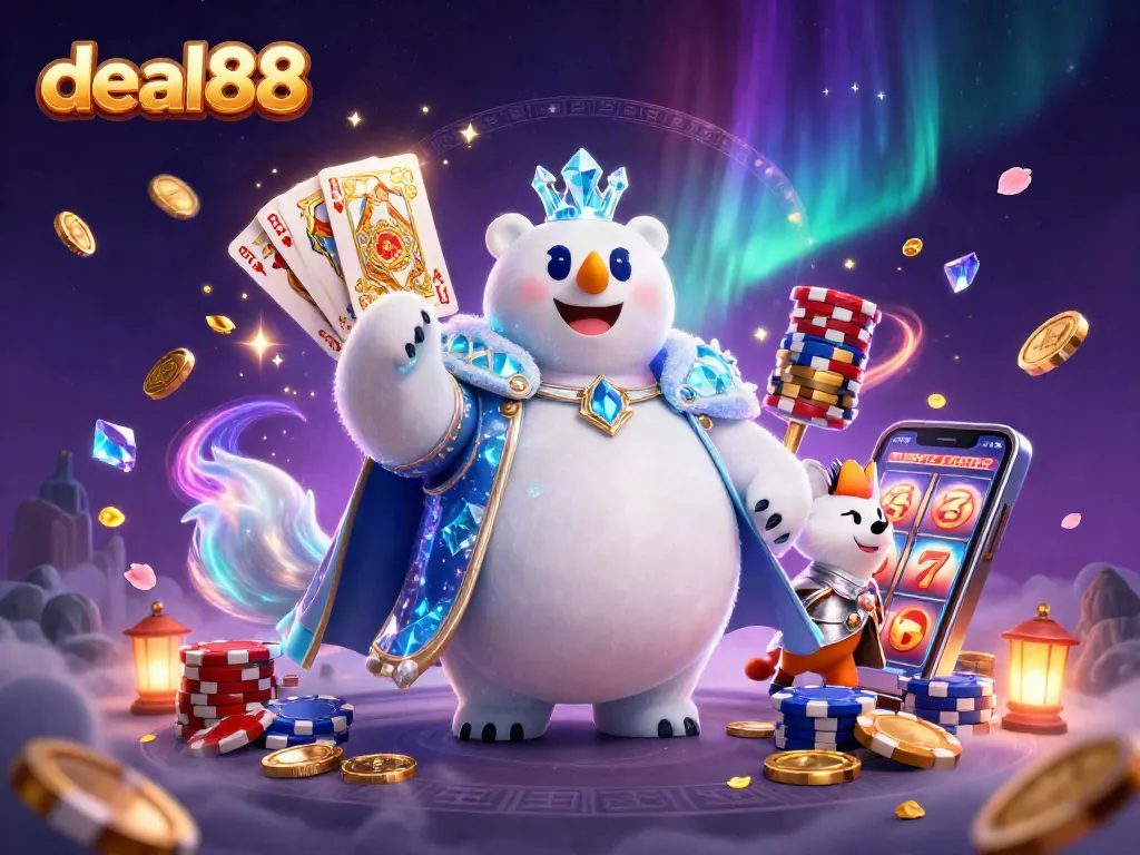 Engage with deal88 in this vibrant visual featuring a polar bear and snow fox amidst dazzling casino elements.