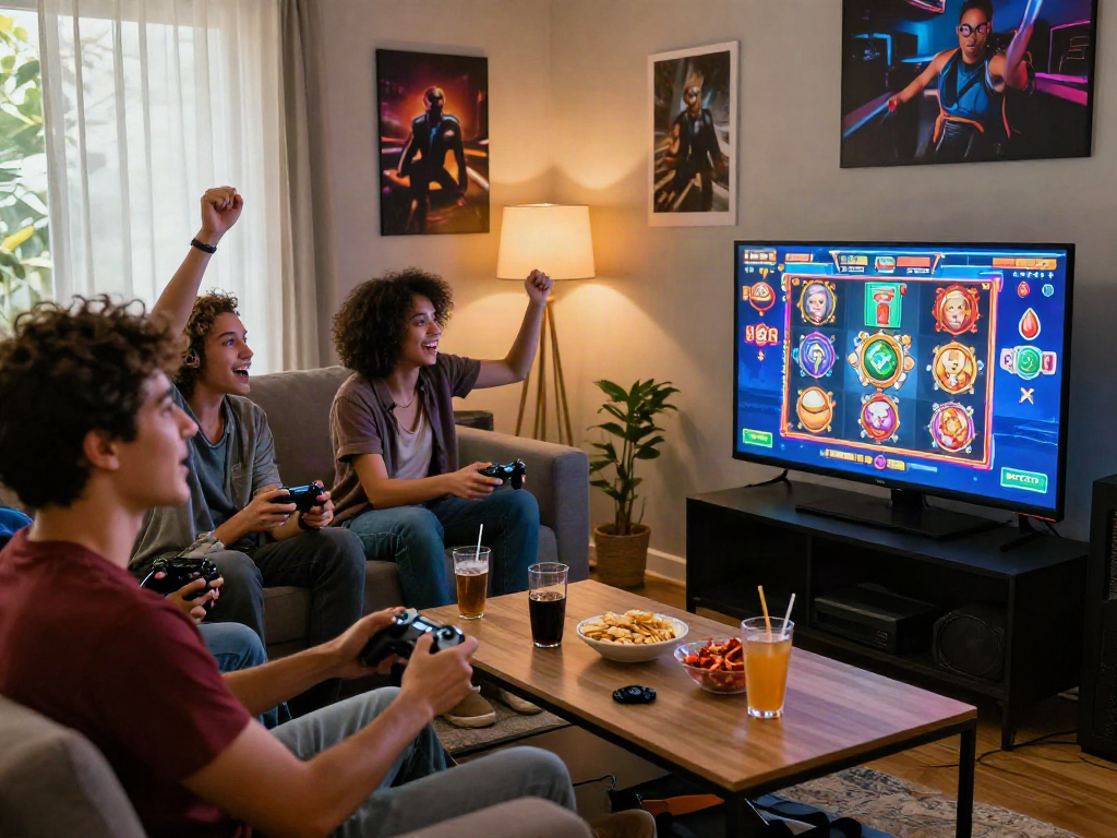Friends enjoying a fun slot gaming session on a console.