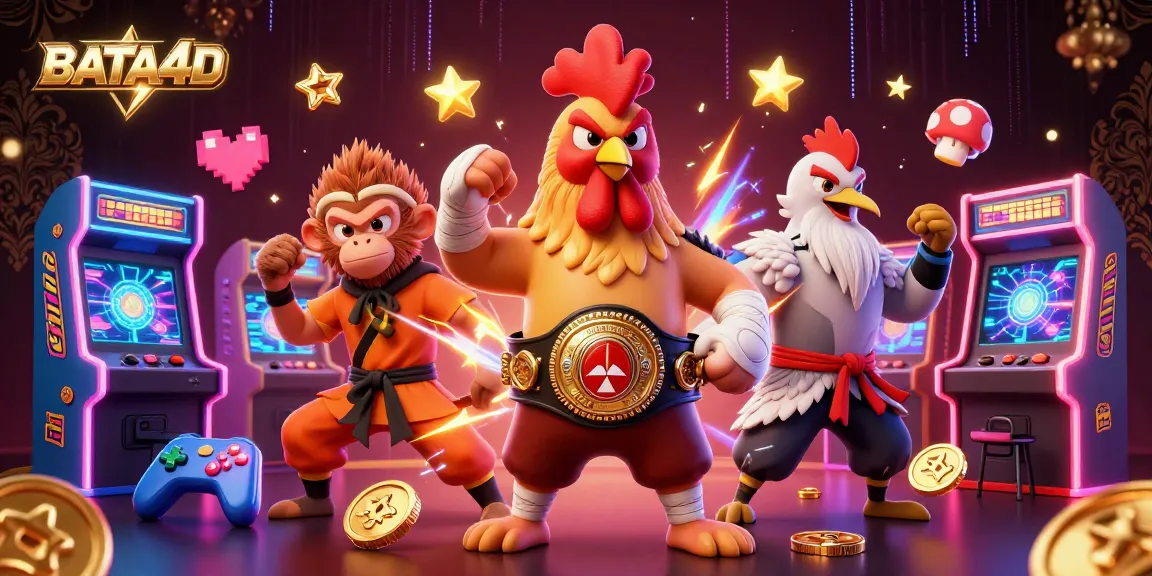 BATA4D menampilkan ilustrasi karakter ayam laga Muay Thai, monyet Shaolin, dan guru crane dalam suasana kasino interaktif.