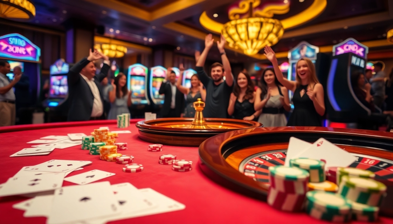 Players enjoying a thrilling game at LC88 casino table, celebrating wins and excitement.