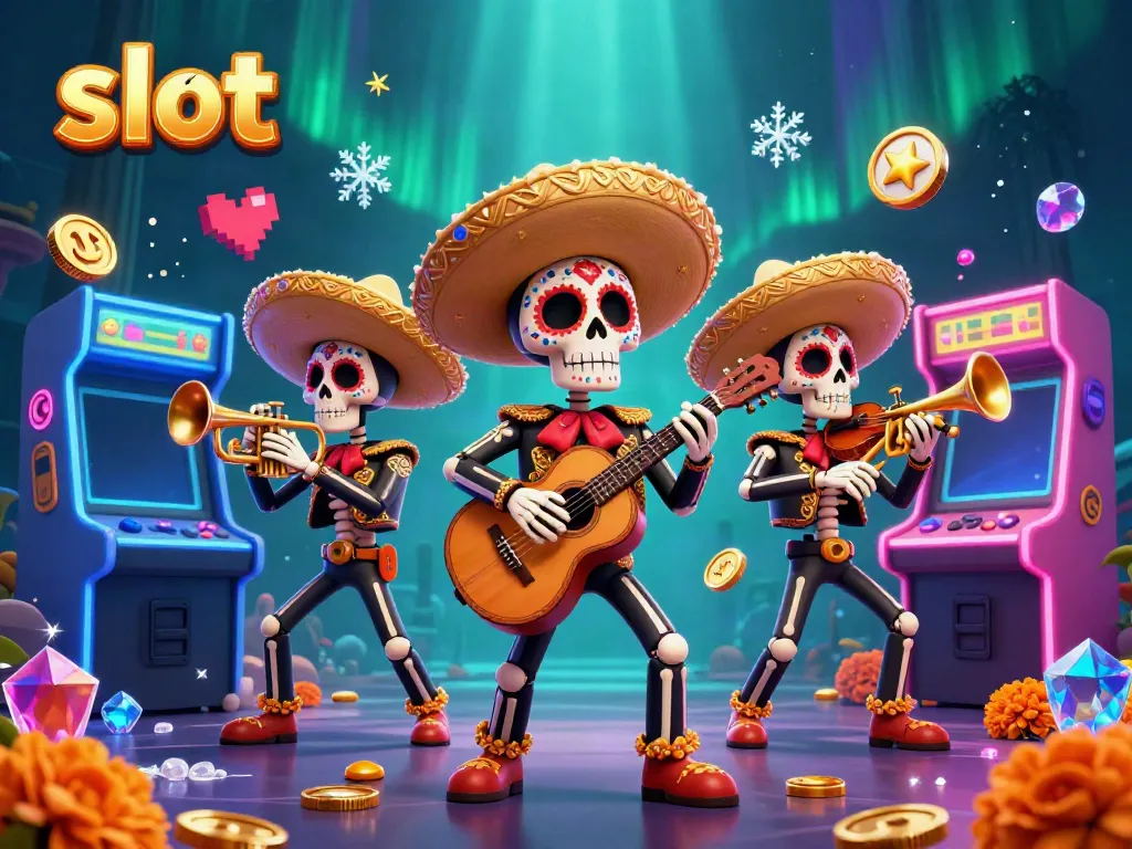 Experience vibrant slot action with a colorful mariachi band and arcade machines in this lively casino scene.