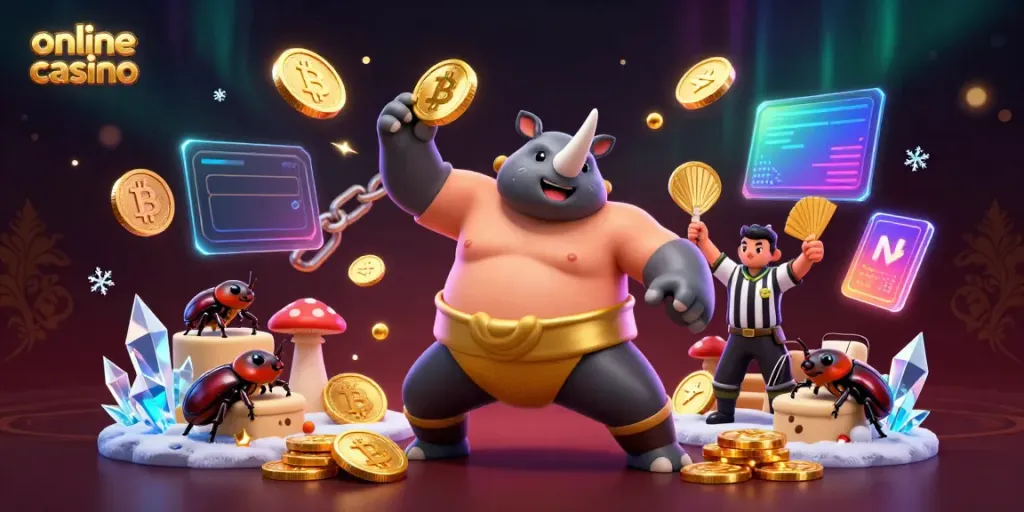 Experience the thrill of an online casino with a dynamic scene featuring a sumo champion beetle, coins flying, and blockchain elements.