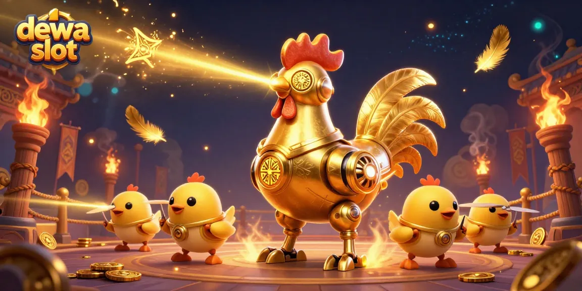 Dewa slot showcases an exciting, dynamic scene with a golden rooster robot and baby chick drones, set in a lively casino context.