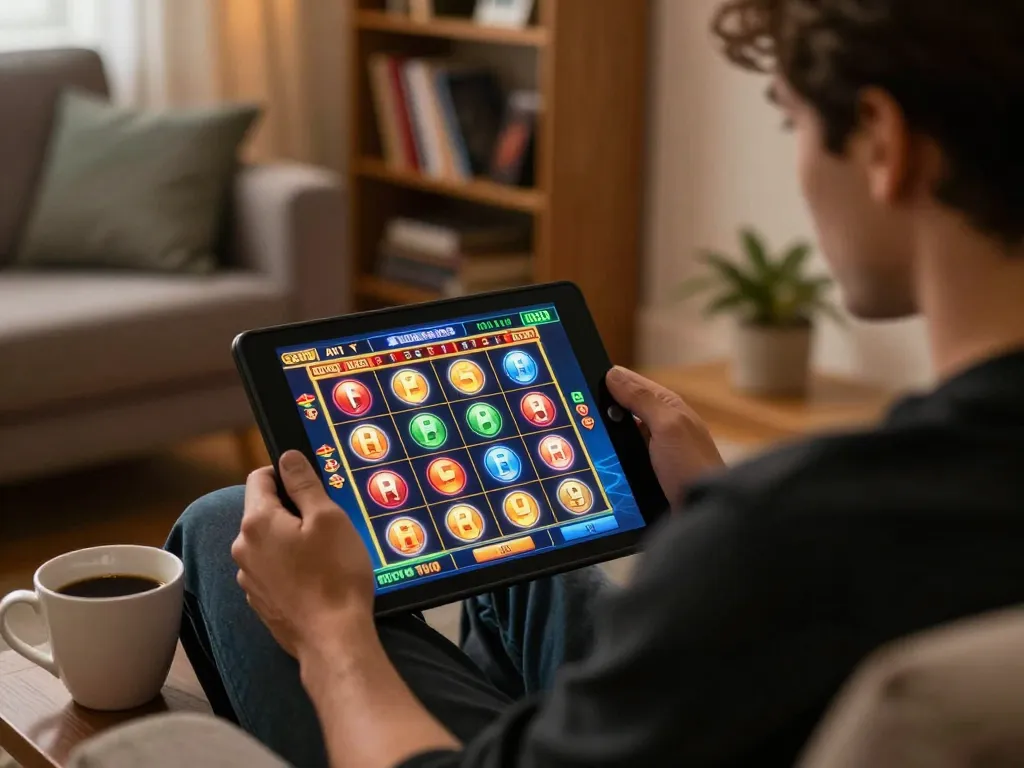 Situs gacor online slots displayed on tablet as a player enjoys a cozy gaming experience in their living room.