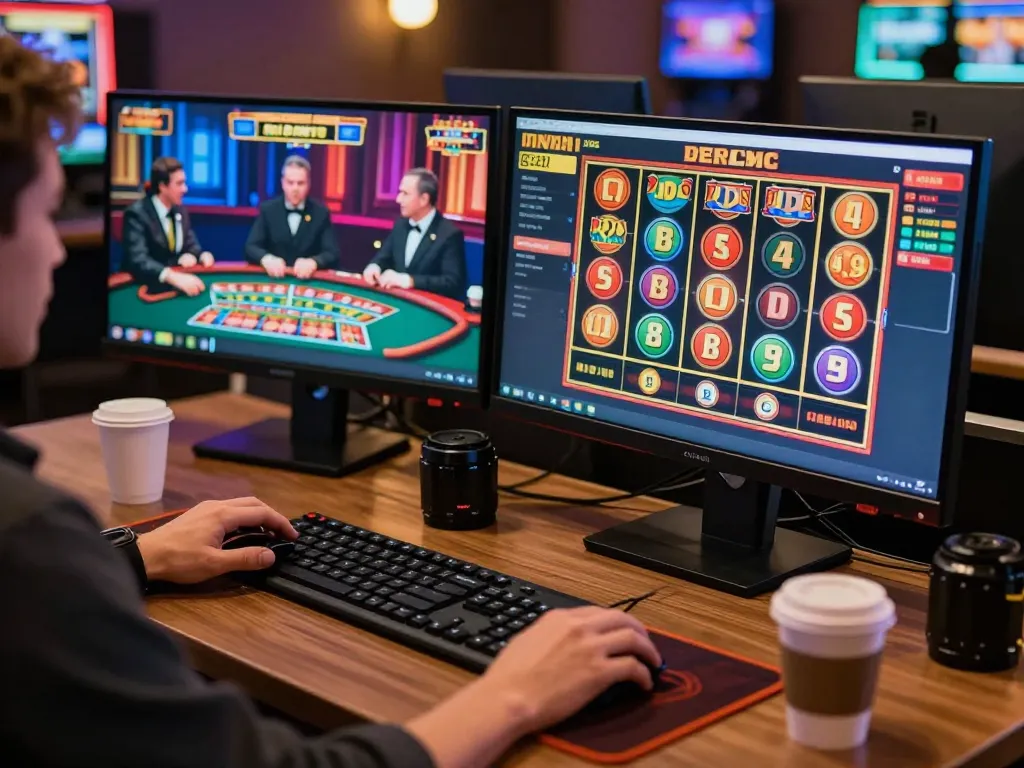 ATQ player enjoying vibrant online casino games with live dealer on dual monitors, illustrating modern gambling.
