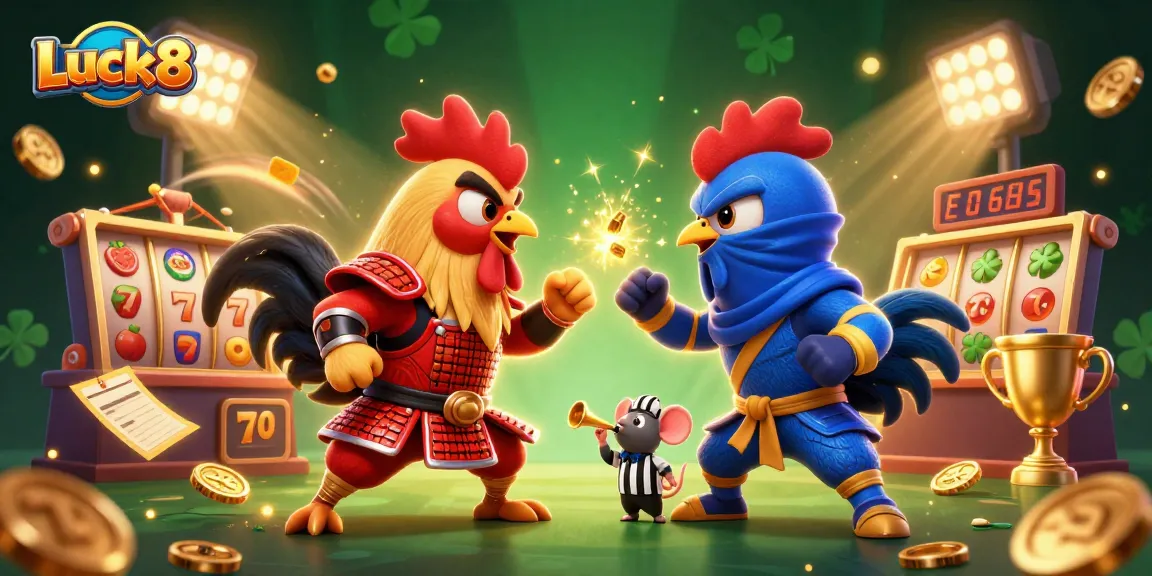 Luck8 showcases twin fighting roosters in an intense casino showdown with slot elements and golden coins.