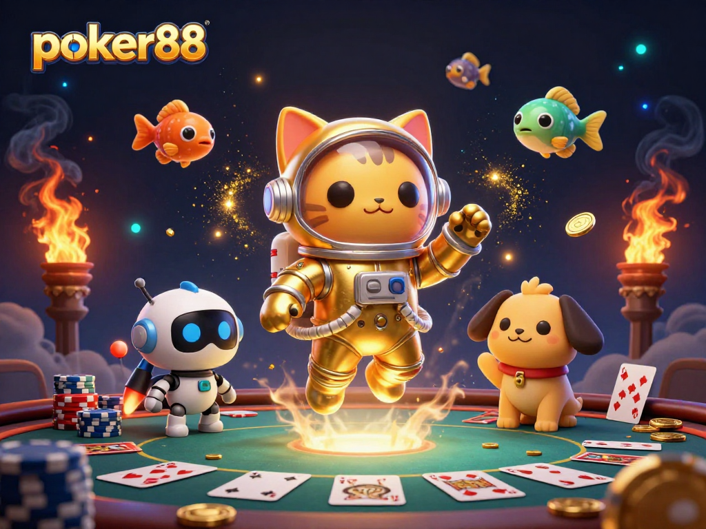 Poker88 menghadirkan pengalaman permainan seru dengan kucing astronot dan anjing robot dalam adegan penuh keceriaan.