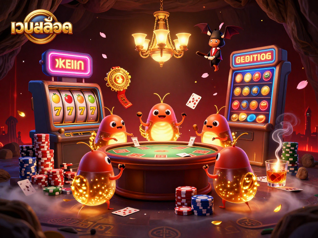 Engage with innovative เว็บสล็อต experiences amid a lively casino ambiance featuring glowworms and vivid slot elements.