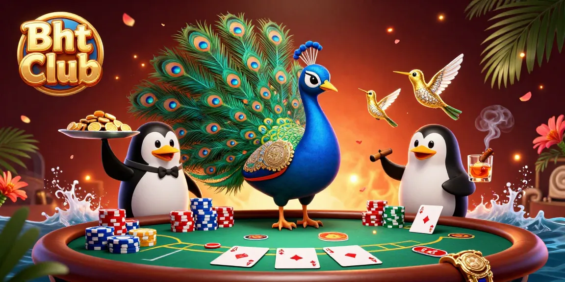 Win big at Bht Club with a dazzling casino scene featuring a peacock, a penguin, and colorful poker elements.