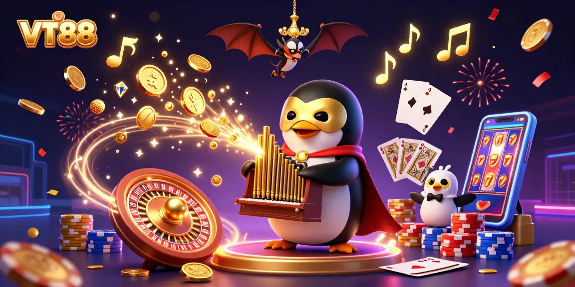 VT88 showcases thrilling casino elements with a vibrant illustration of a phantom penguin and exciting game symbols.