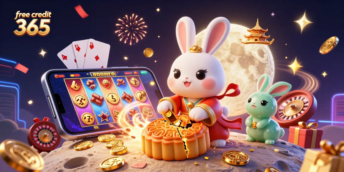 Experience the thrill of free credit 365 with dynamic casino visuals featuring slot games and festive elements.