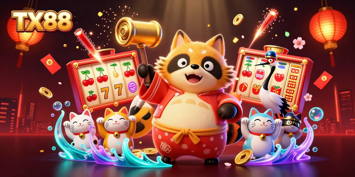 TX88 captivates gamers with a vibrant casino scene, featuring lucky tanuki, slot reels, and festive decorations