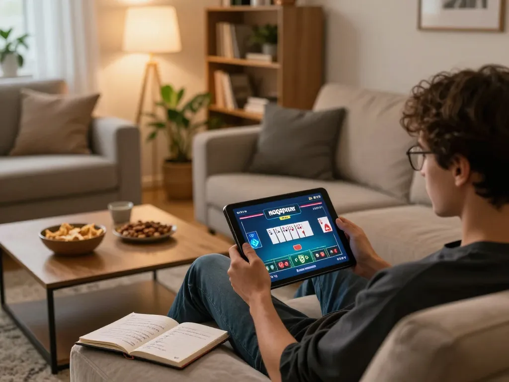 Engaging in online poker gameplay on nagapoker while enjoying a cozy home atmosphere.
