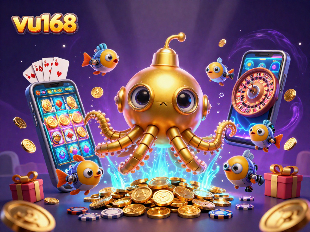Experience thrilling wins at vu168, where a golden kraken submarine emerges amidst a sea of coins and exciting games.