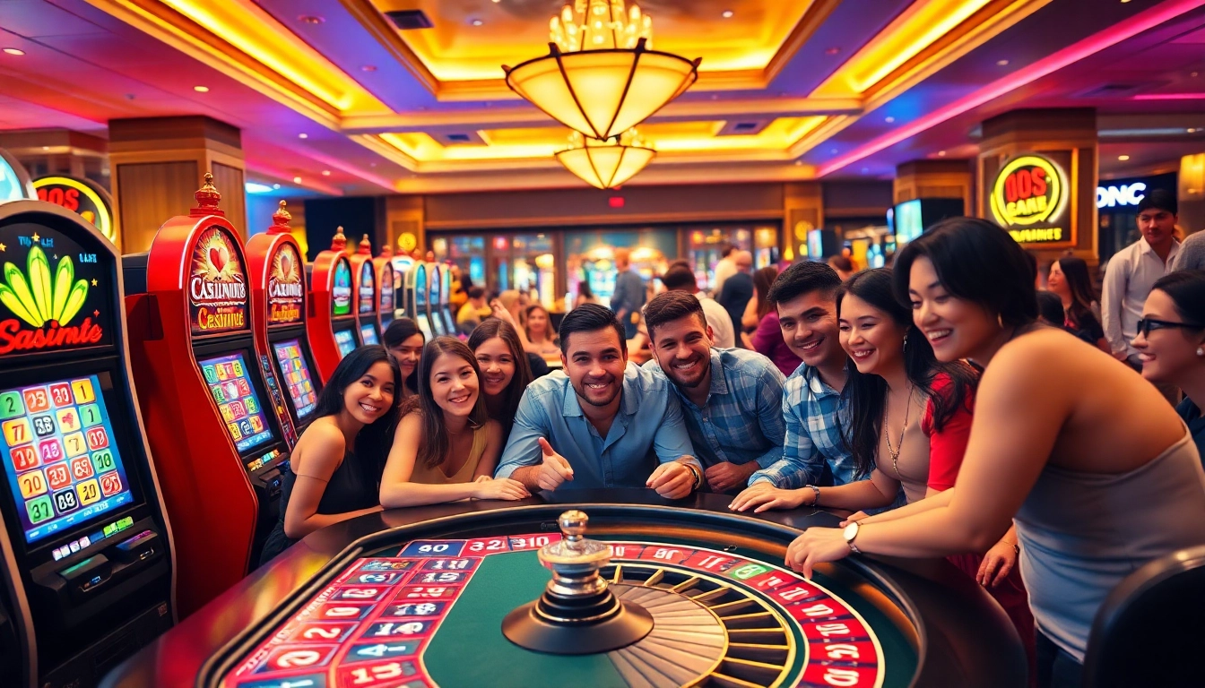 Spieler genießen Casinospielen in einem lebhaften Casino mit Spielautomaten und Spieltischen.