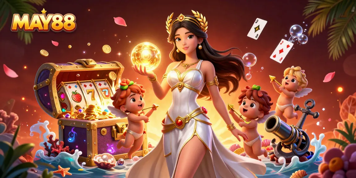 MAY88 captivates with an enchanting scene, showcasing a goddess and Cupid characters amidst vibrant casino treasures.