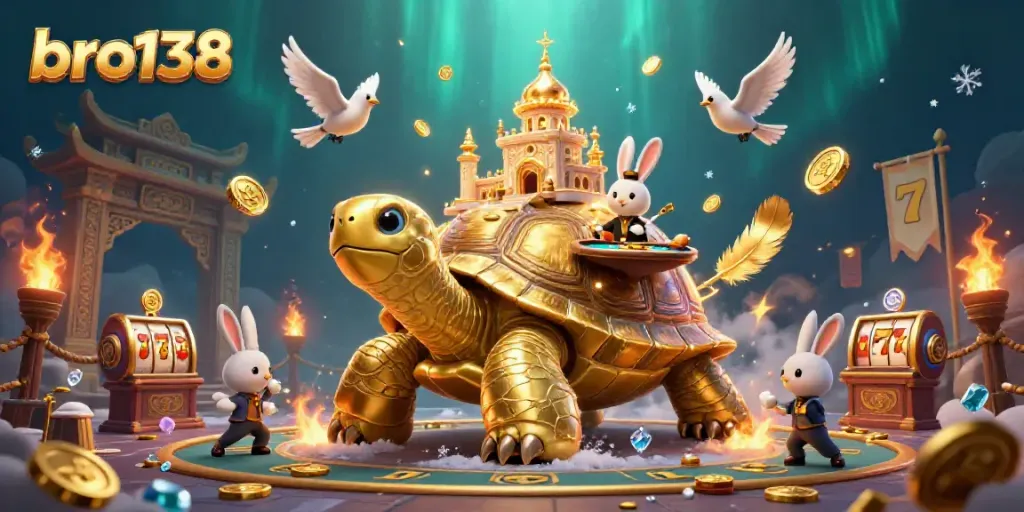 Experience excitement with bro138 featuring a golden tortoise casino scene surrounded by birds and coins.