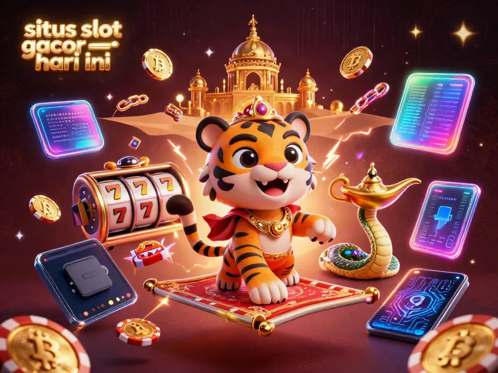 Permainan slot gacor hari ini, sultan kartun dan genie di latar belakang malam yang berkilauan.