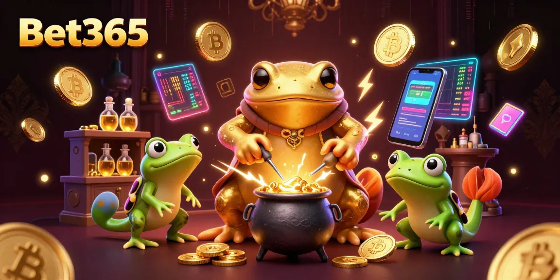 Engage with Bet365's exciting gaming scene featuring animated alchemists and crypto elements.