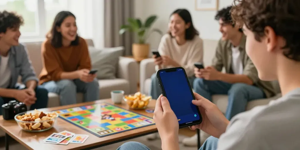 Engaged players enjoying Rumble Rummy on a smartphone in a cozy setting.