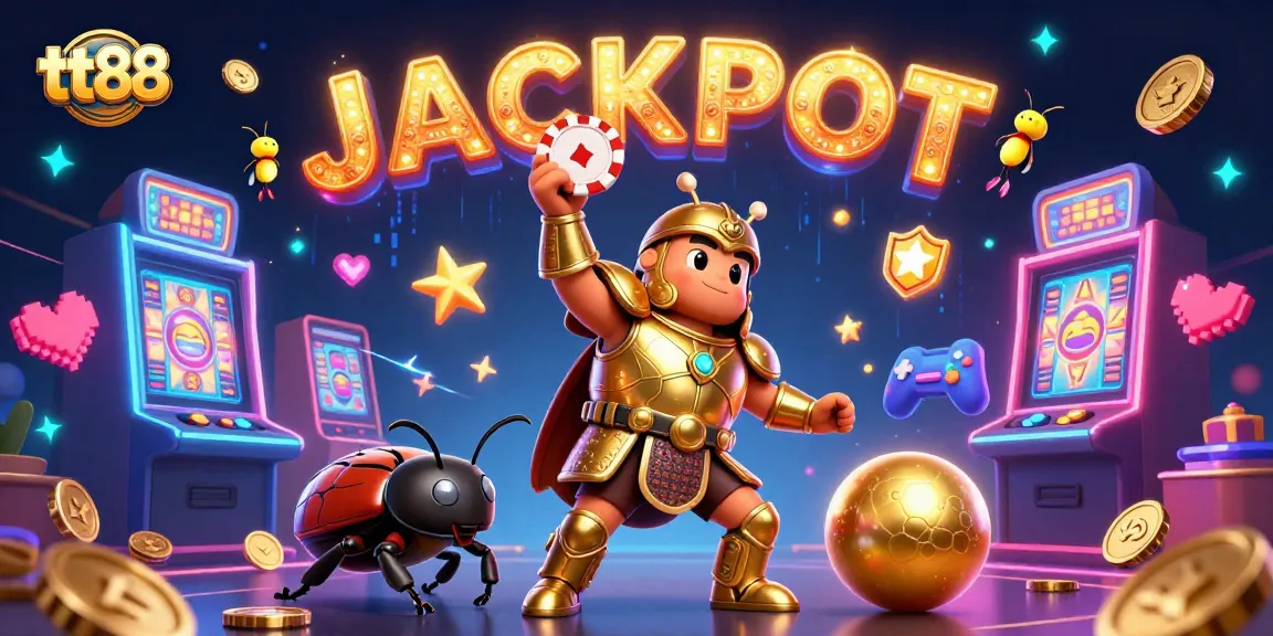 Experience the excitement at tt88 as our victorious beetle showcases poker chips amidst glowing slot machines!