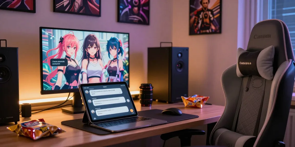 Experience dynamic interactions with hentai chat AI on a sleek tablet in a cozy virtual environment.