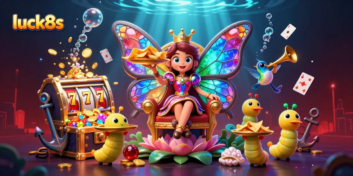 Experience the thrill of luck8s in this vibrant casino scene with a butterfly queen and captivating treasures.
