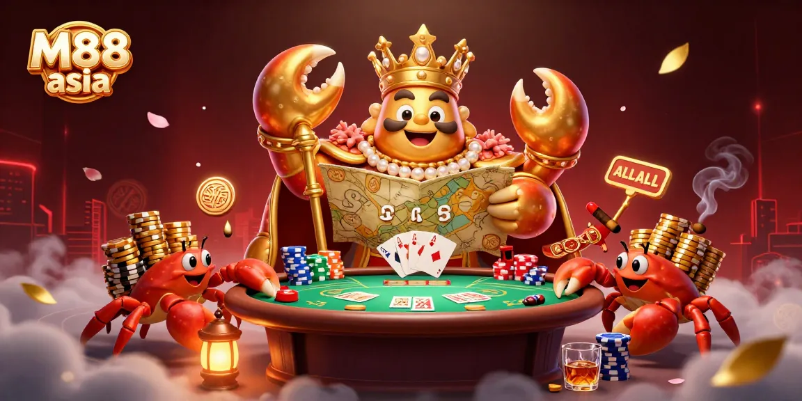 M88 asia's vibrant casino scene with a golden crab emperor and poker elements illustrating thrilling gameplay