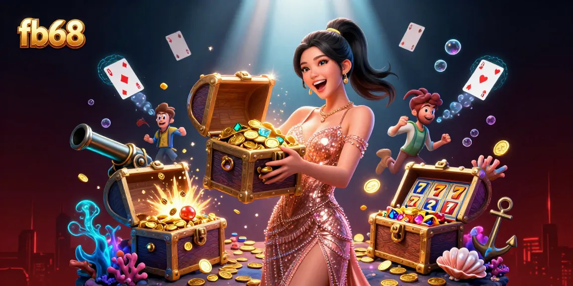 Win big with fb68 in this vibrant casino-themed 3D illustration showcasing exciting treasures.