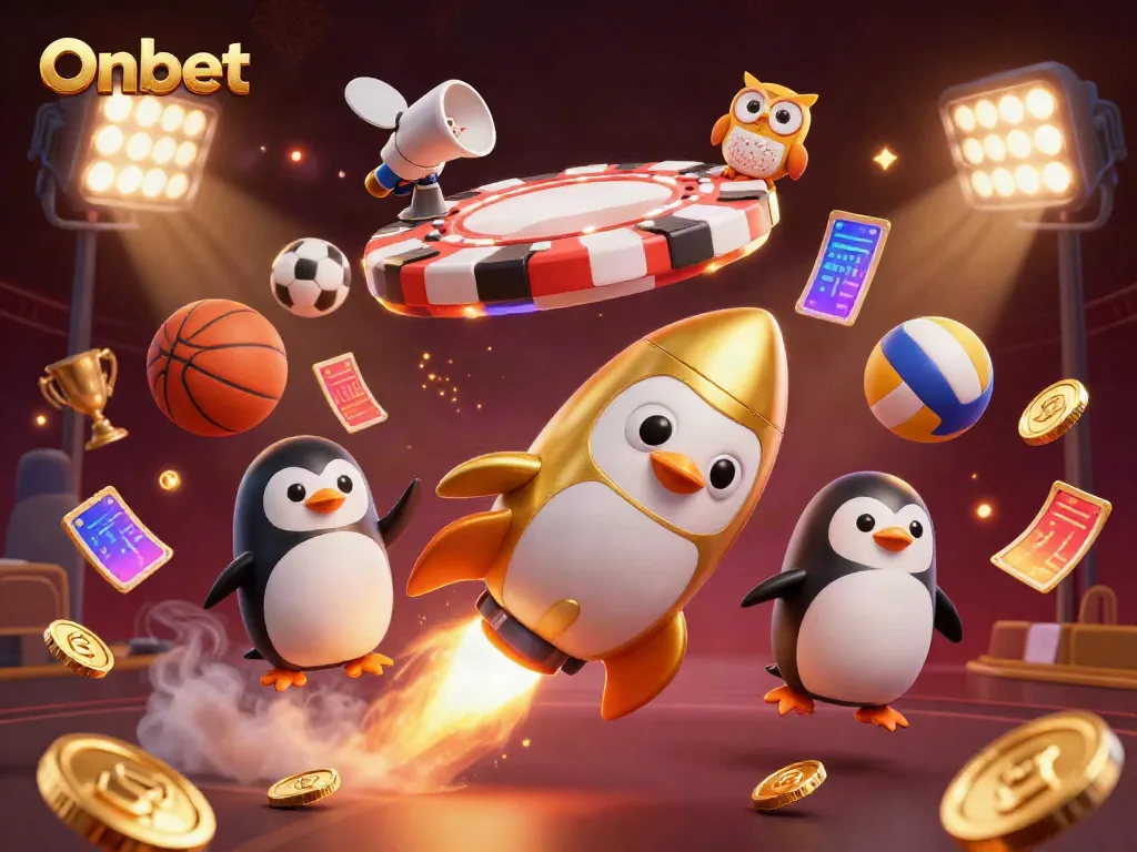 Experience Onbet's thrilling space adventure with a golden penguin racing through a casino galaxy.