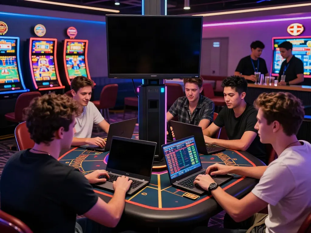 Group enjoying akunjp gaming experience in a vibrant modern lounge.