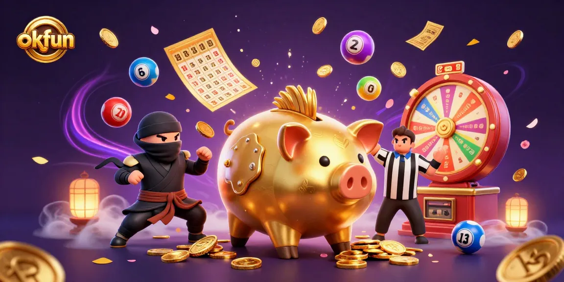 Experience gambling excitement with okfun's vibrant 3D illustration featuring a golden sumo wrestler and dynamic lottery elements.