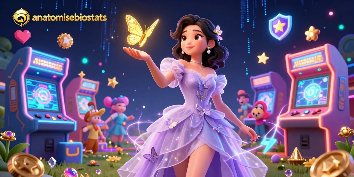 Anatomisebiostats showcases a stunning Asian woman in a magical garden filled with casino elements and glowing arcade games.