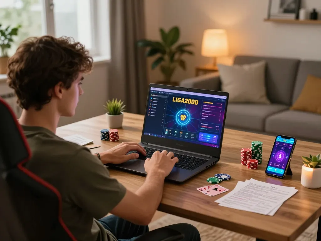 LIGA2000 player utilizing online gaming platform at home, showcasing strategic setup and cozy ambiance.