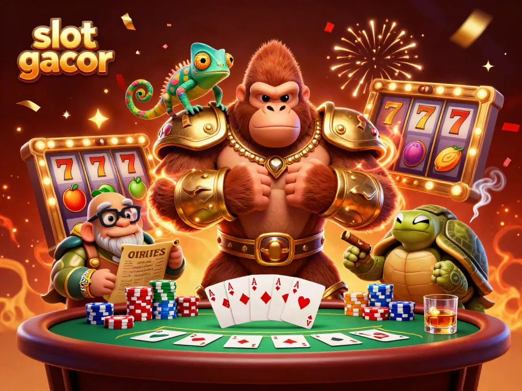 Experience the thrill of slot gacor with an exciting scene featuring vibrant 3D characters and casino elements.