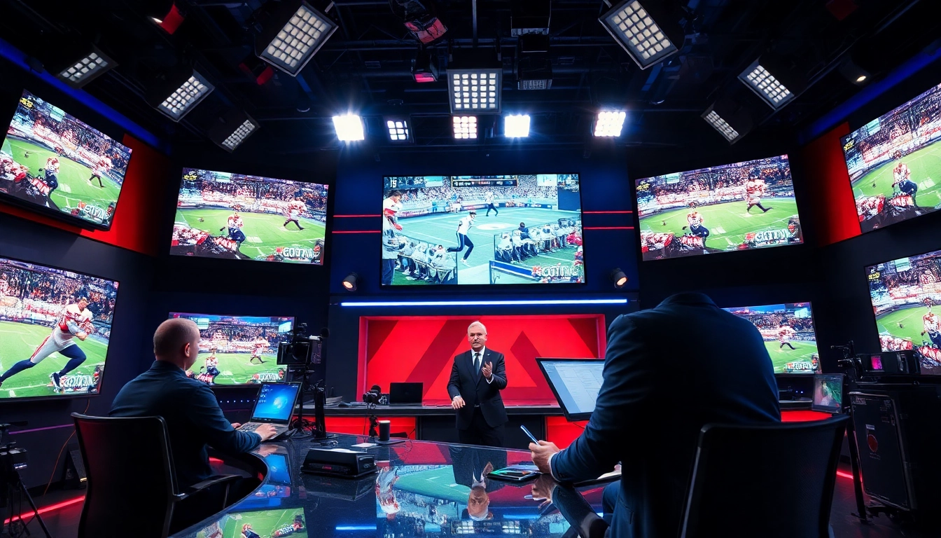 Engaging scene of Sports Broadcasting with a presenter in a vibrant studio.