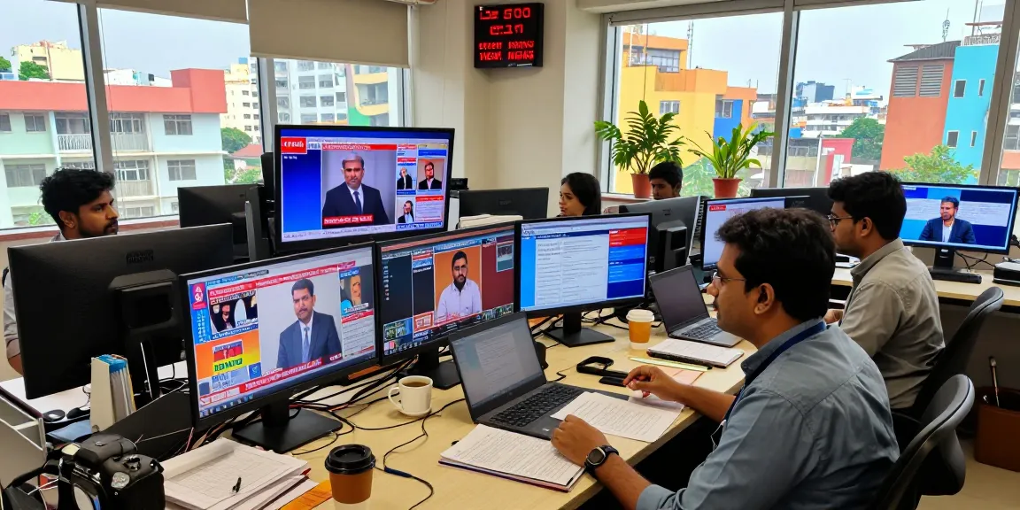 News reporters at https://www.theindaily.com live updates in vibrant Indian media office with screens and notes.