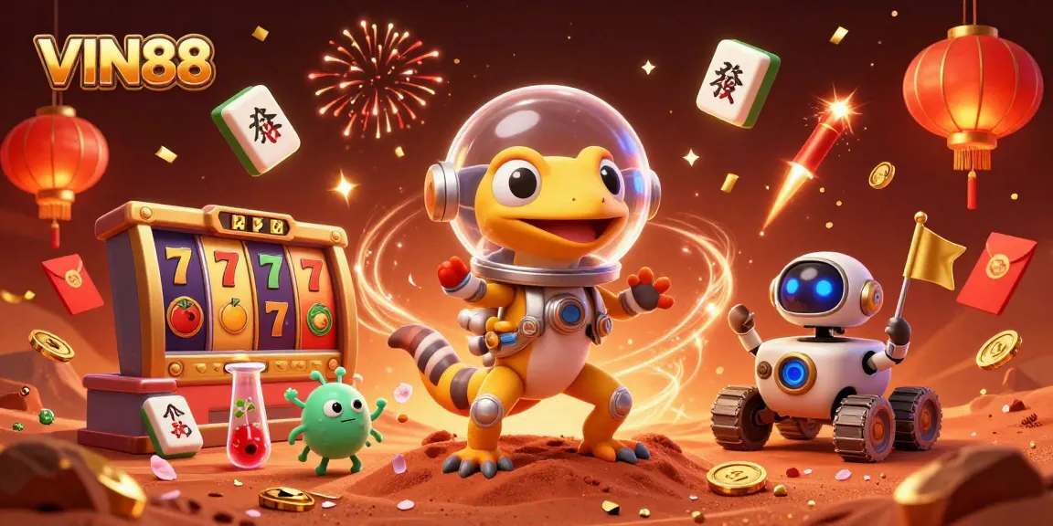 Experience the excitement of VIN88 with a Martian gecko discovering a golden casino on Mars.