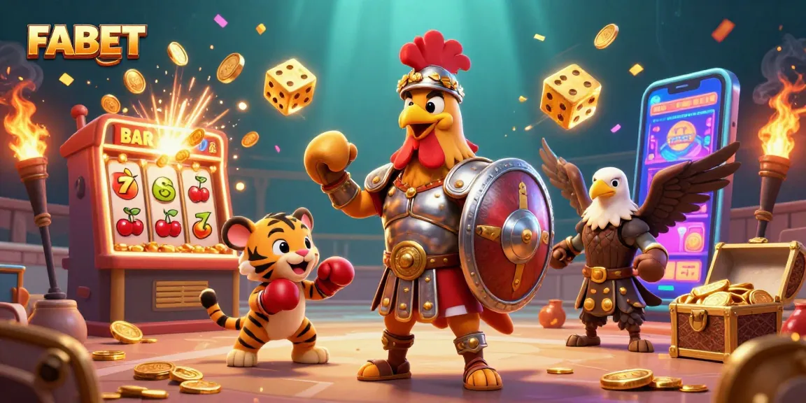FABET's energetic gaming scene showcasing a gladiator rooster with casino elements, engaging players.