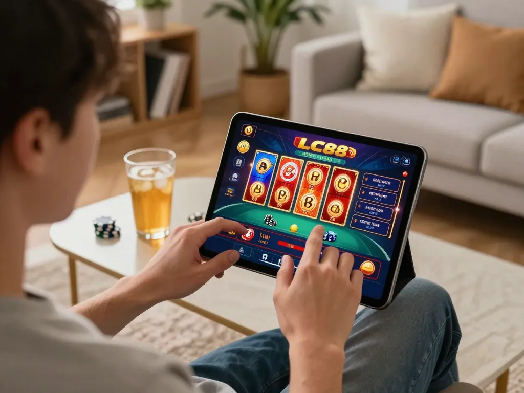 Engaged player enjoying LC88 casino games on tablet in a cozy living room setting.