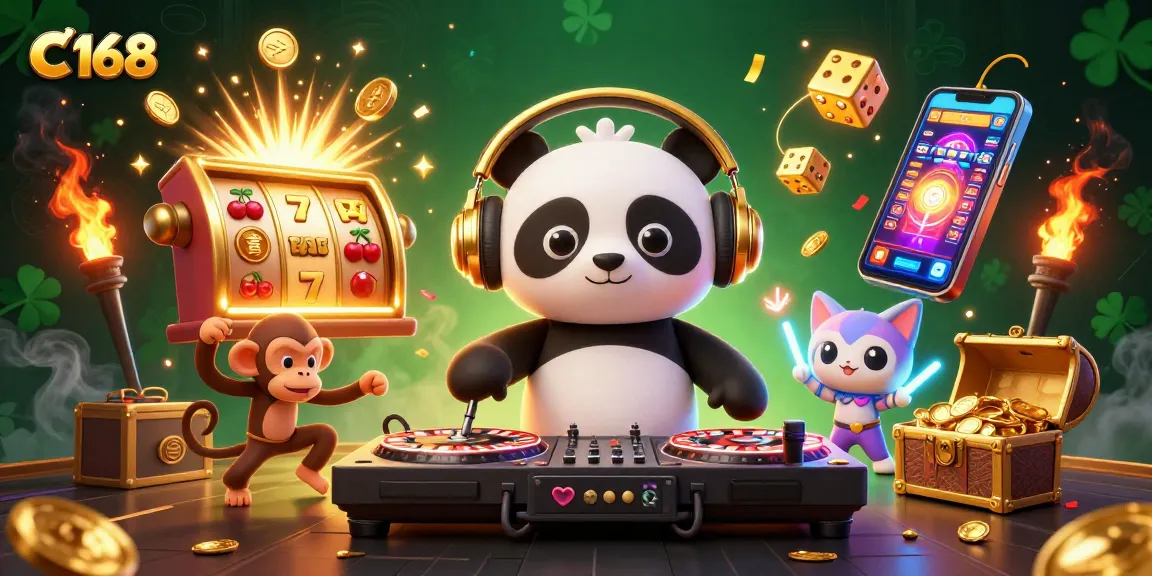Experience the thrill of C 168 in a dynamic casino scene featuring a DJ panda and colorful game elements.