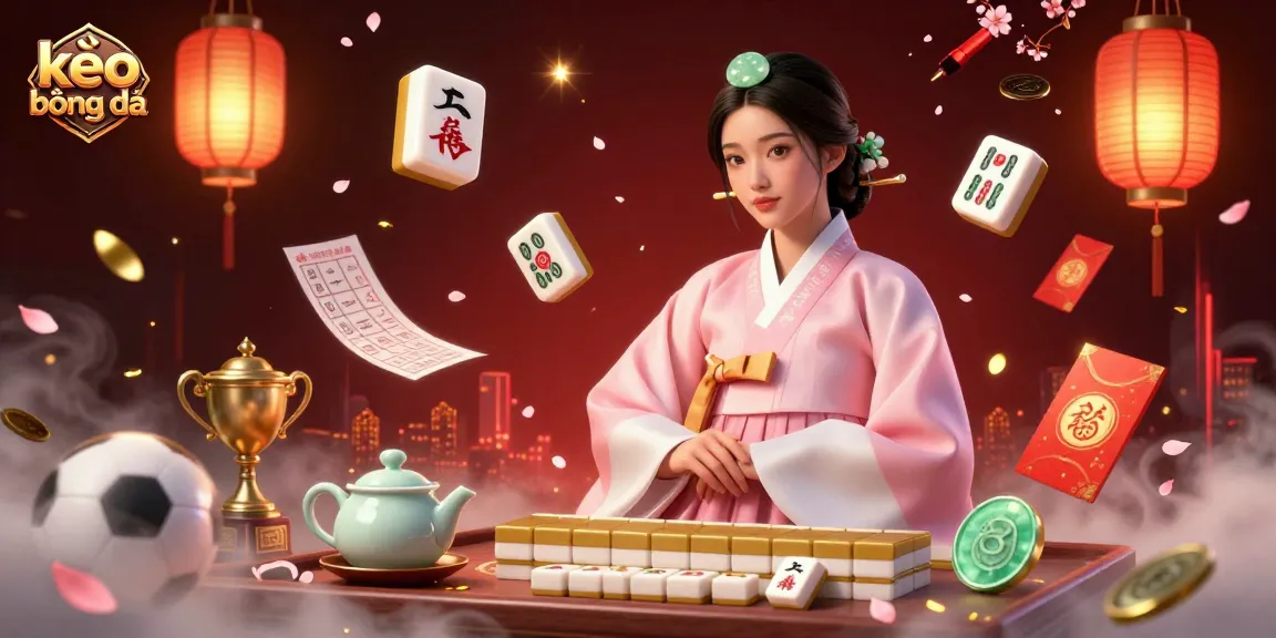Engage with kèo bóng đá sports betting strategies featuring a serene woman, vibrant mahjong tiles, and glowing lanterns.