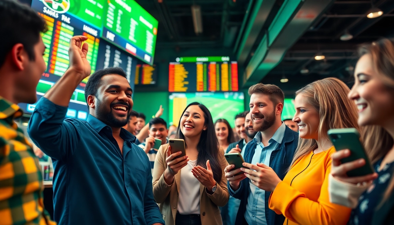 Engaging scene of Sports Betting at a vibrant sportsbook with fans placing bets and celebrating.