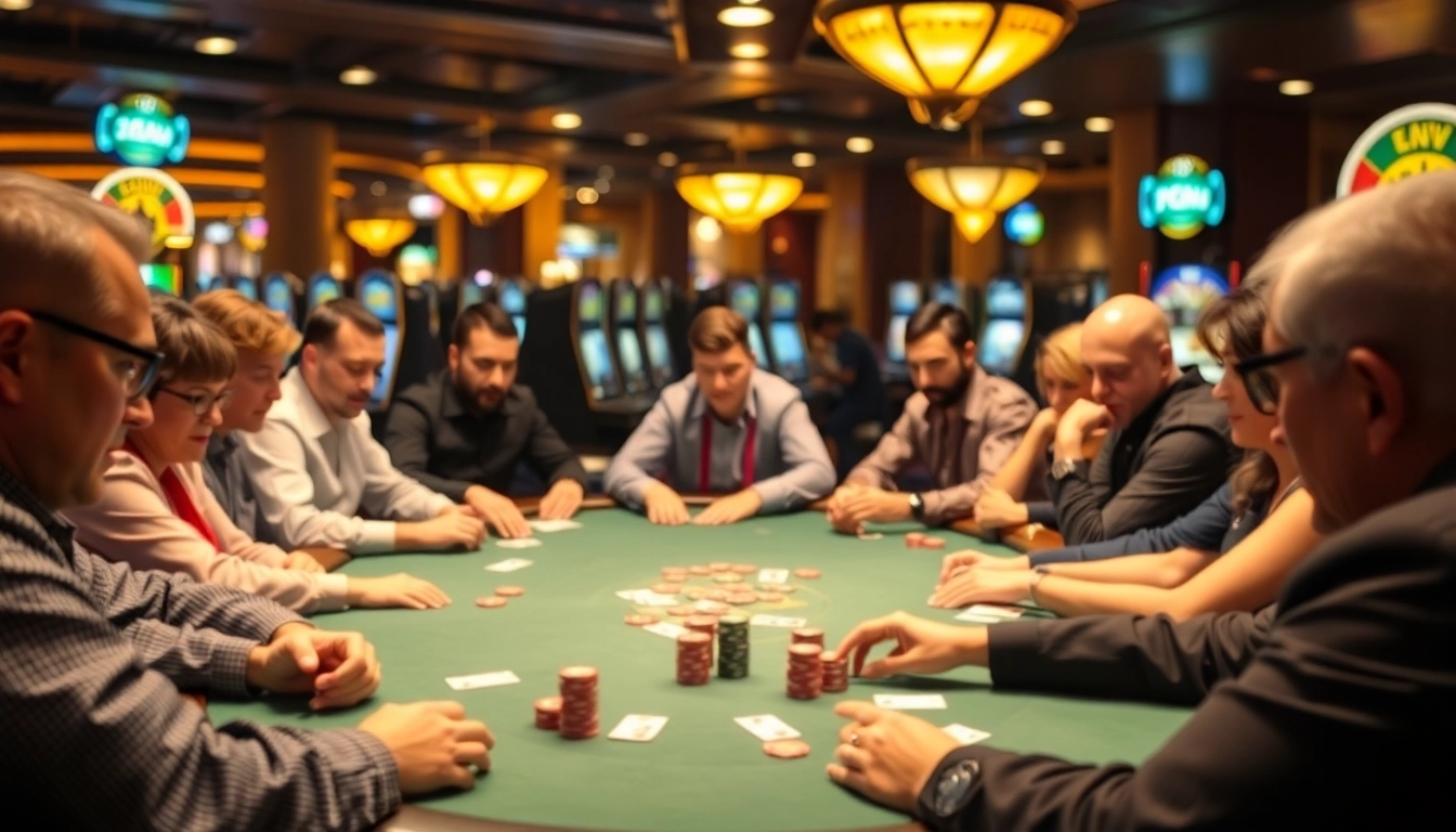 Experience an intense Poker Game with players engaged at a high-stakes table in a vibrant casino.