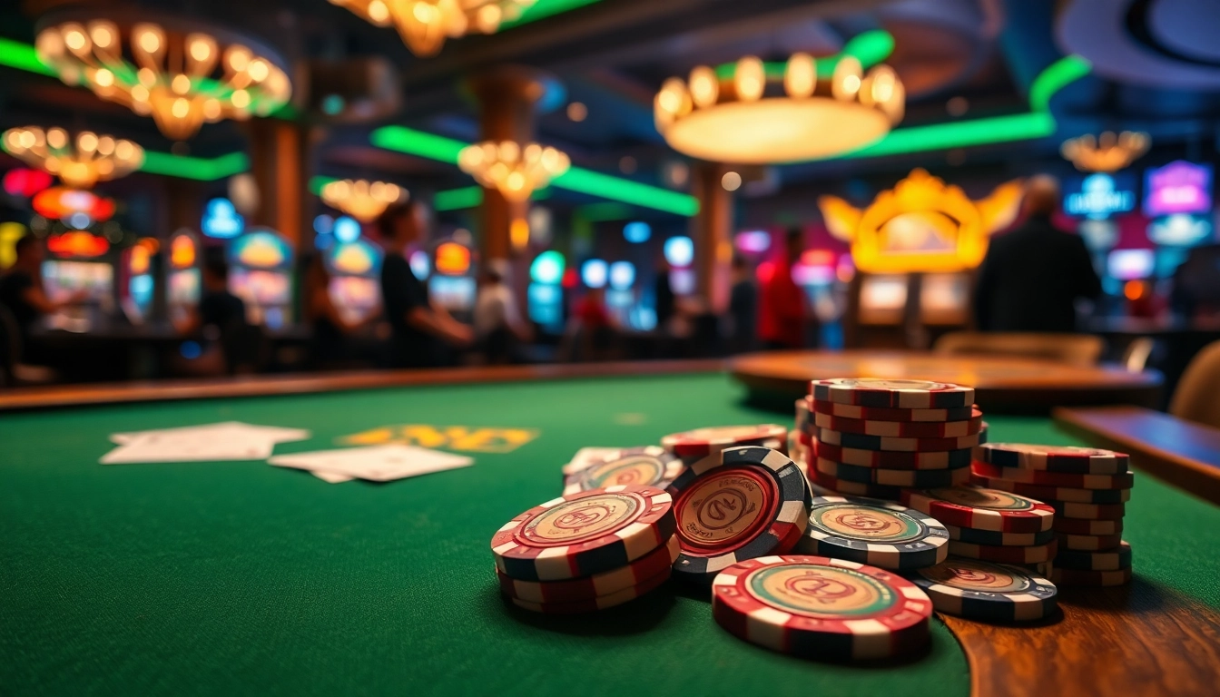 Engaging scene of a Casino poker table with vibrant chips and cards in a lively atmosphere.