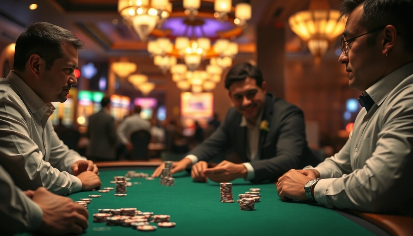 Engaged players enjoying a game at a Blackjack Casino table with colorful chips.
